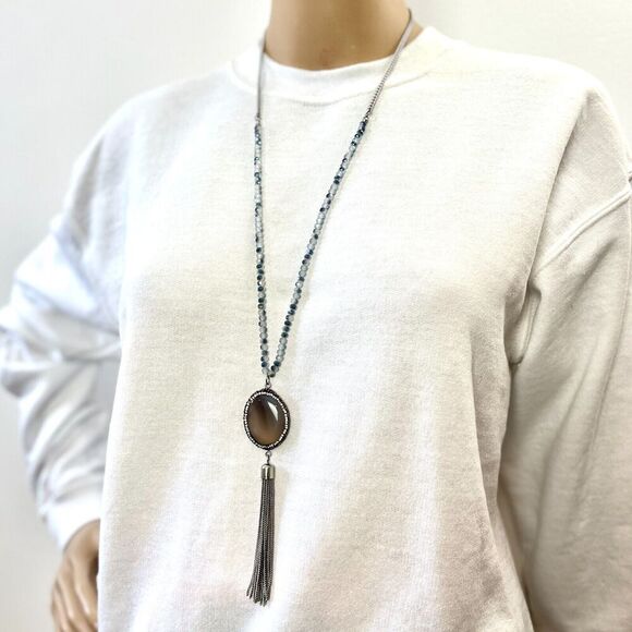 Tassel Chain Necklace Glass Beads Silver Tone Curb 32in Rhinestone Banded Agate - Picture 2 of 14
